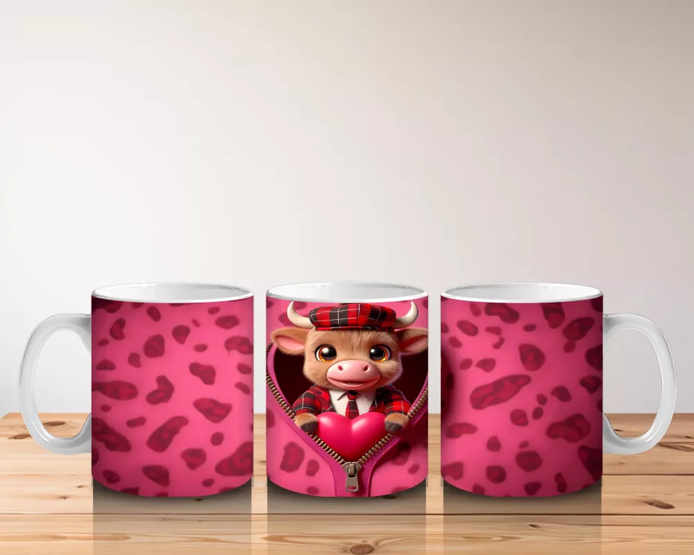 Pembe Kalpli Fon Üzerinde Kırmızı Boğa Maskotu – Baskılı Kahve Kupası - 5
