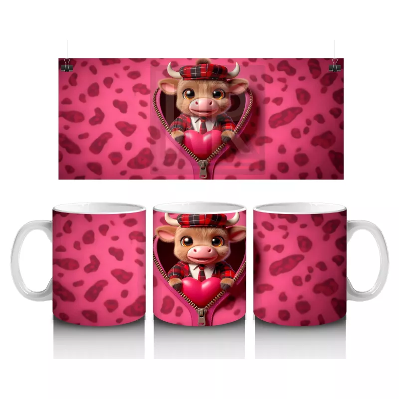 Pembe Kalpli Fon Üzerinde Kırmızı Boğa Maskotu – Baskılı Kahve Kupası