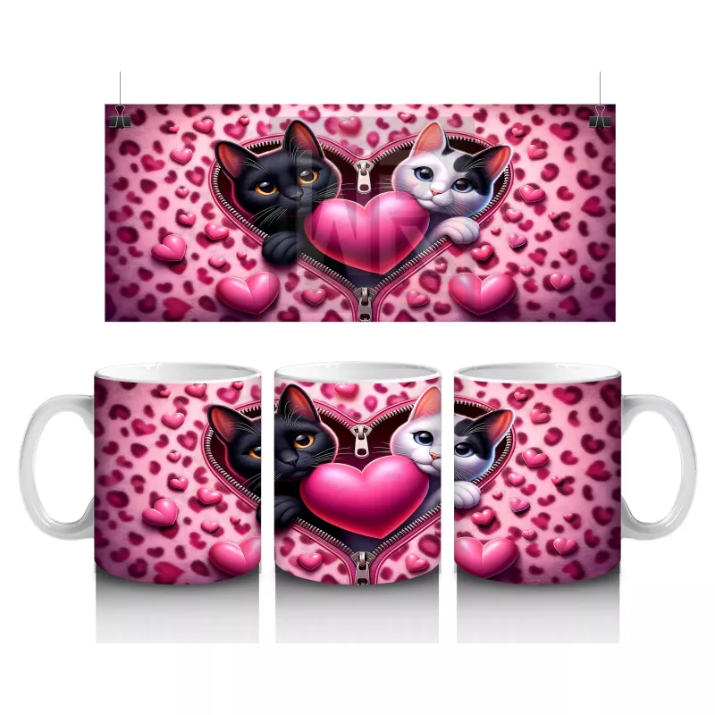 Pembe Kalpli Fon Üzerinde Siyah Beyaz Kedi Çifti – Baskılı Kahve Kupası