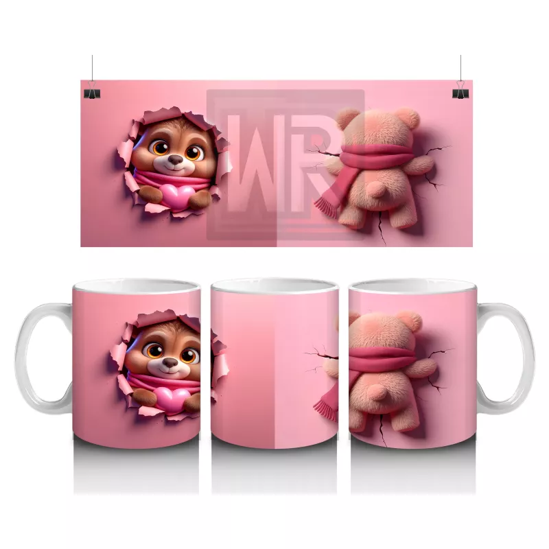 Pembe Kalpli Maskot ve Peluş Ayıcık – Baskılı Kahve Kupası