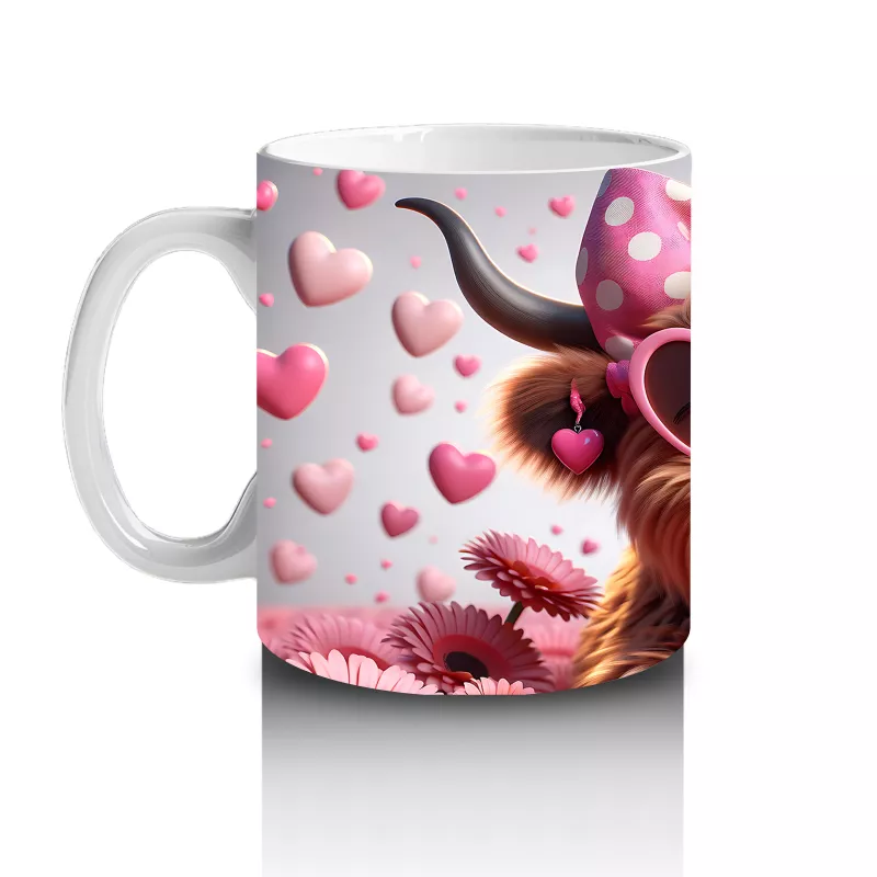 Pembe Kalpli Zemin Üzerinde Sevimli Boğa – Baskılı Kahve Kupası - 2