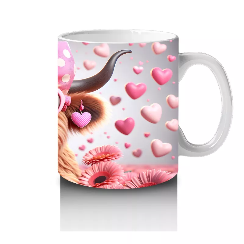 Pembe Kalpli Zemin Üzerinde Sevimli Boğa – Baskılı Kahve Kupası - 4