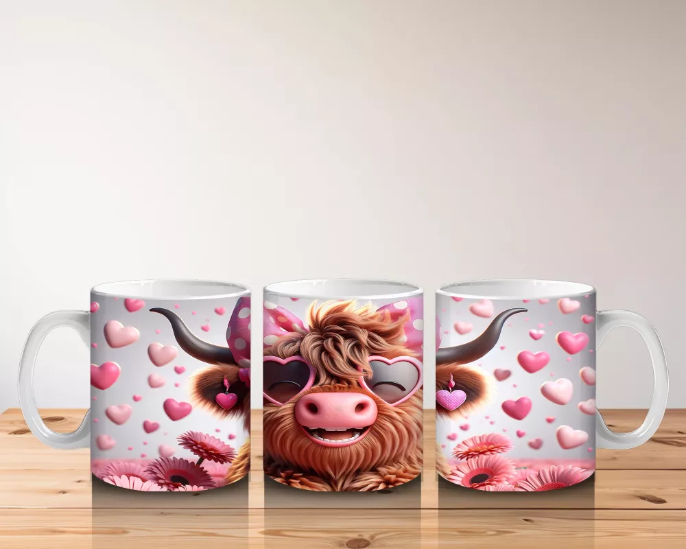 Pembe Kalpli Zemin Üzerinde Sevimli Boğa – Baskılı Kahve Kupası - 5