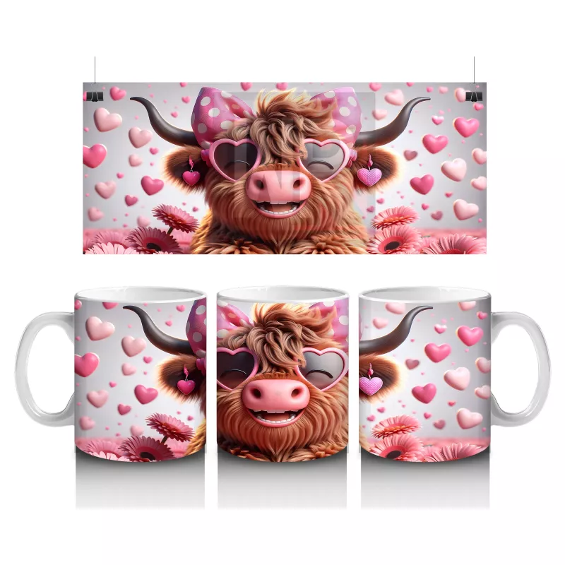 Pembe Kalpli Zemin Üzerinde Sevimli Boğa – Baskılı Kahve Kupası