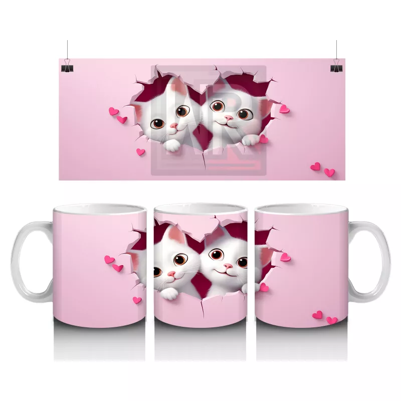 Pembe Kalpli Zeminden Bakan Sevimli İkiz Kediler - Baskılı kahve kupası