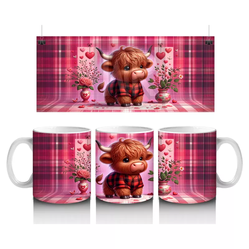 Pembe Kare Desen Üzerinde Sevimli Öküz – Baskılı Kahve Kupası