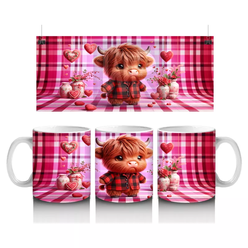 Pembe Kareli Fon Üzerinde Şapkalı Sevimli Kız Maskot – Baskılı Kupa Bardak