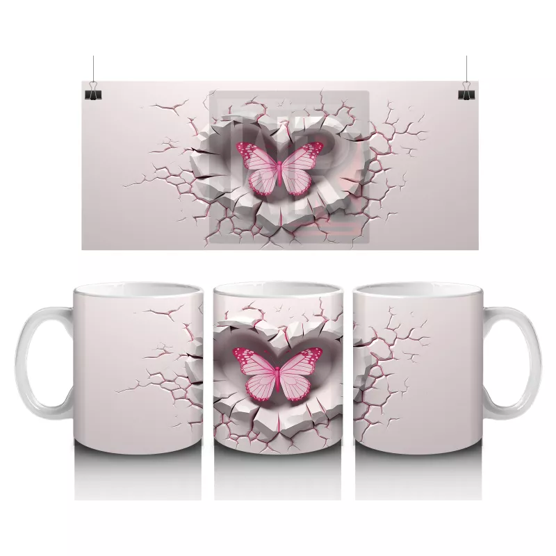 Pembe Kelebek Figürüyle Çatlak Kalp Temalı Tasarım - Baskılı kahve kupası