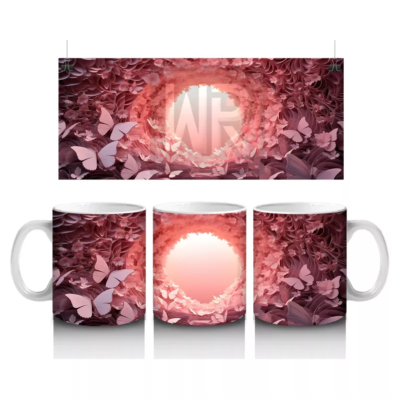 Pembe Kelebeklerle Oluşan Işık Tüneli Kompozisyonu - Baskılı kahve kupası