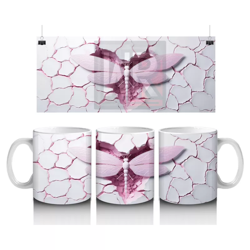 Pembe Kırık Zemin Üzerinde Detaylı Yusufçuk Kanatları - Baskılı kahve kupası