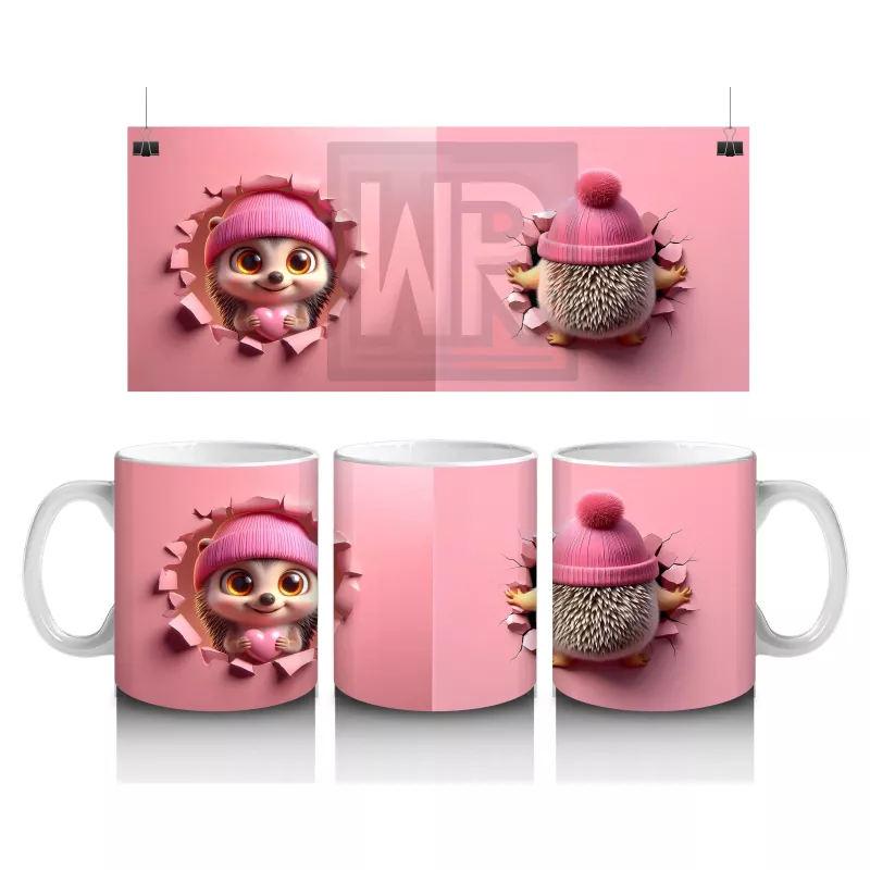 Pembe Kostümlü Sevimli Kirpi Kız Maskot – Baskılı Kahve Kupası