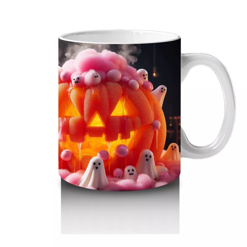 Pembe Krema ve Gözlerle Süslenmiş Balkabağı Figürlü Eğlenceli Cadılar Bayramı Baskılı Kupa Bardak - 4