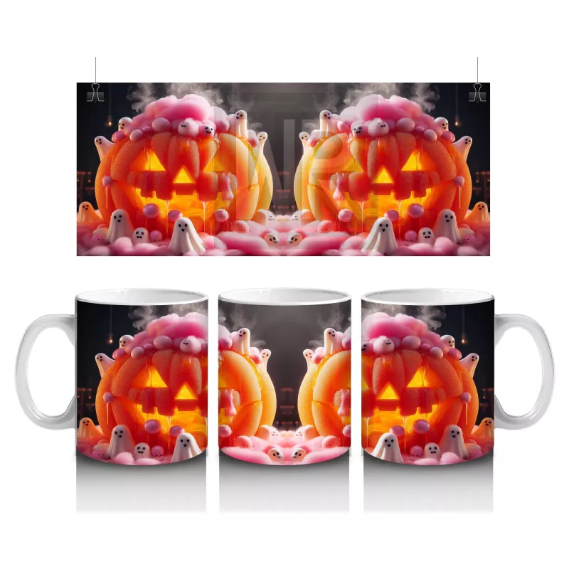 Pembe Krema ve Gözlerle Süslenmiş Balkabağı Figürlü Eğlenceli Cadılar Bayramı Baskılı Kupa Bardak