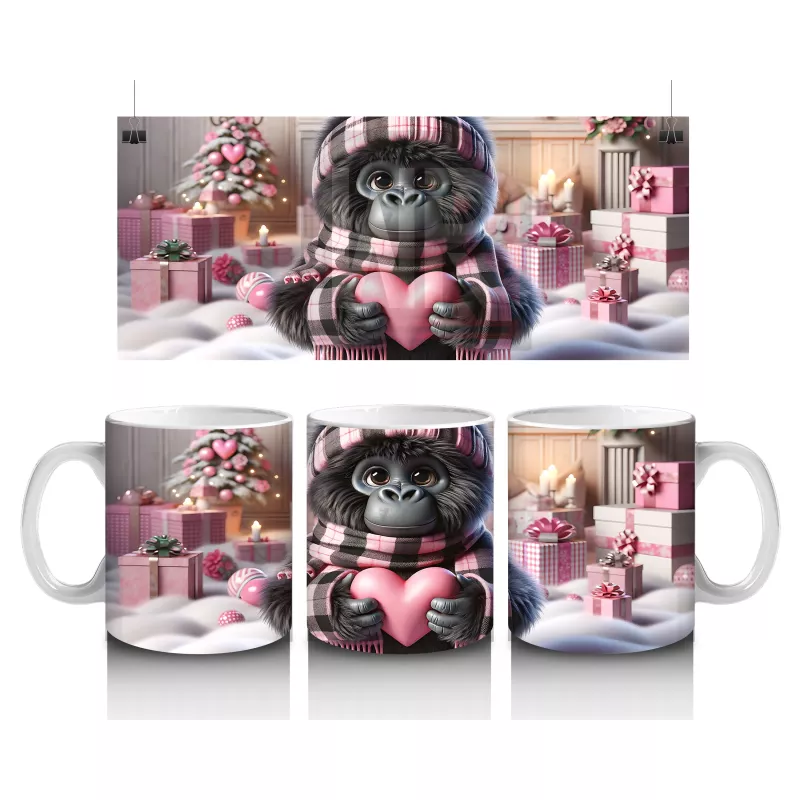 Pembe Kurdeleli Kalpli Figür Tutan Sevimli Maymun - Baskılı kahve kupası