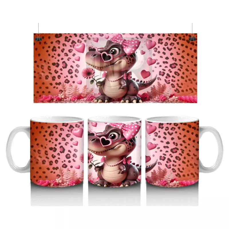Pembe Kurdeleli Kalpli Gözlüklü Dinozor Deseni - Baskılı kahve kupası