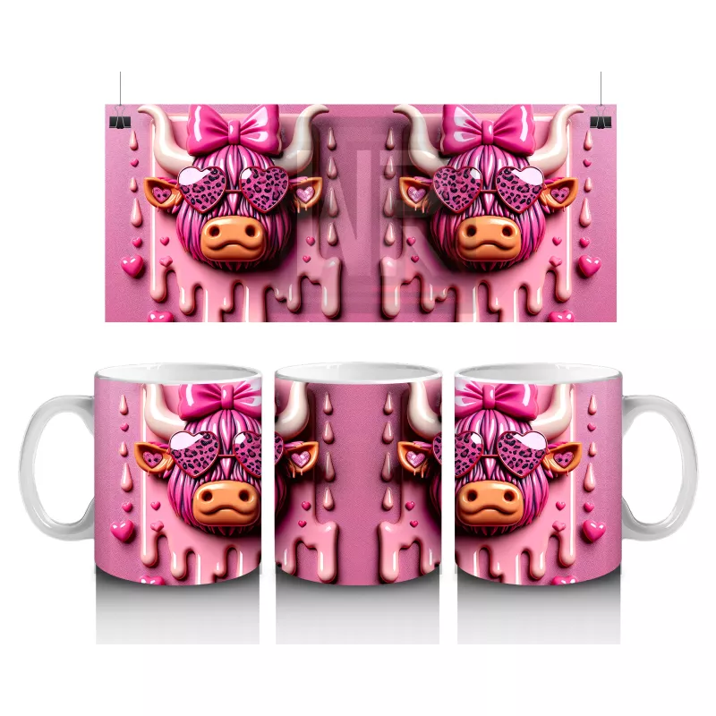 Pembe Kurdeleli Kalpli Gözlüklü İnek Tasarımı - Baskılı kahve kupası