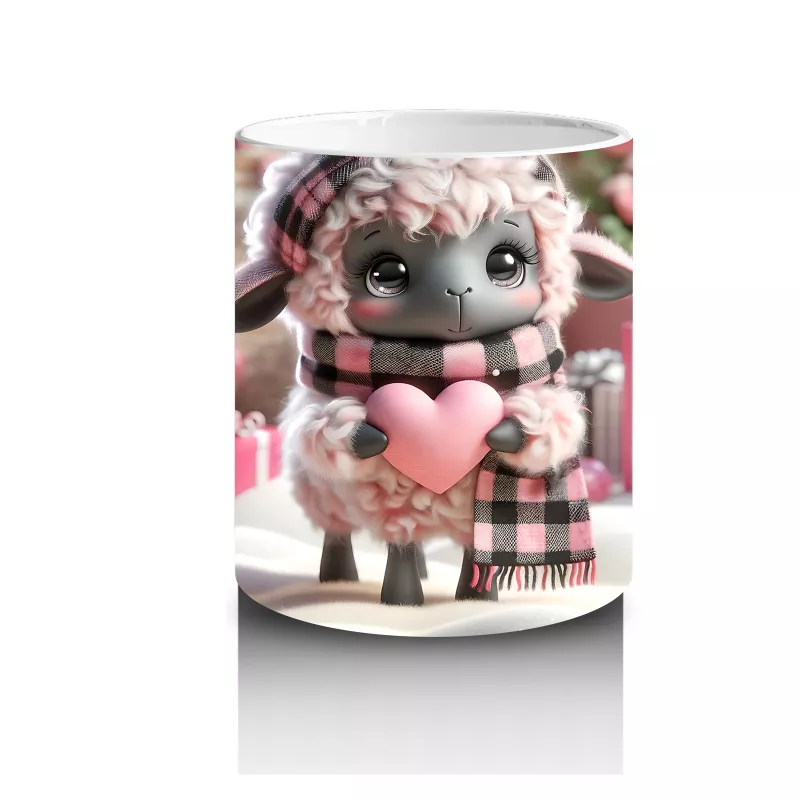 Pembe Kurdeleli Sevimli Kuzu Maskotu – Baskılı Kahve Kupası - 3