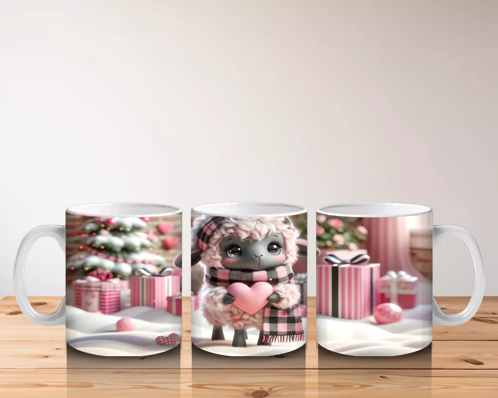 Pembe Kurdeleli Sevimli Kuzu Maskotu – Baskılı Kahve Kupası - 5