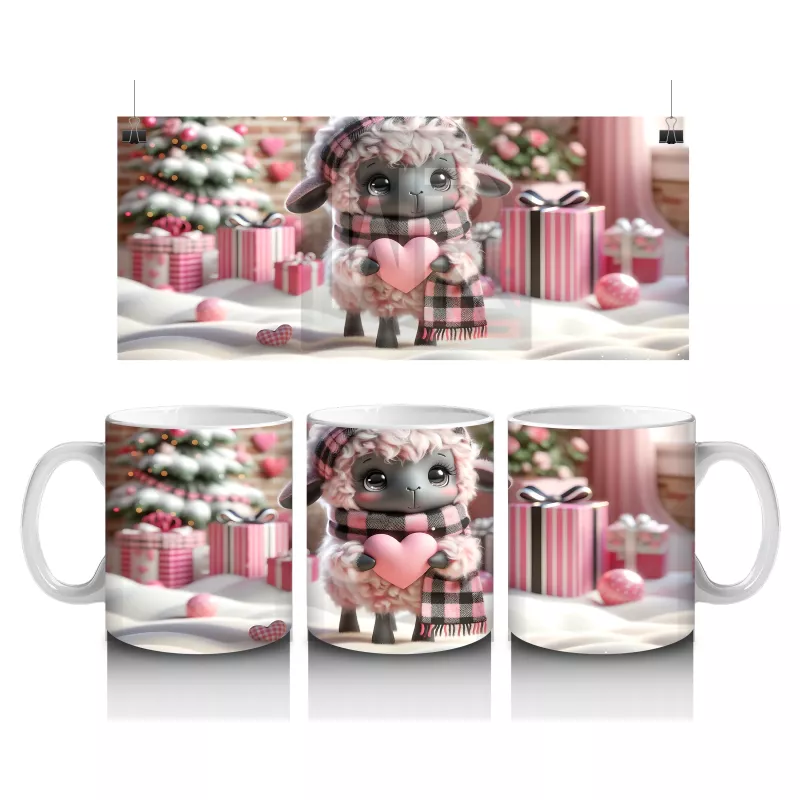 Pembe Kurdeleli Sevimli Kuzu Maskotu – Baskılı Kahve Kupası