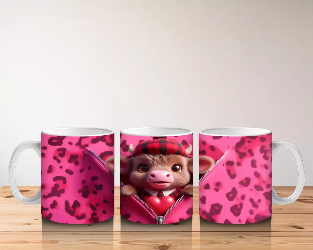 Pembe Leopar Desenli Arka Planda Romantik Ayıcık – Baskılı Kahve Kupası - 5