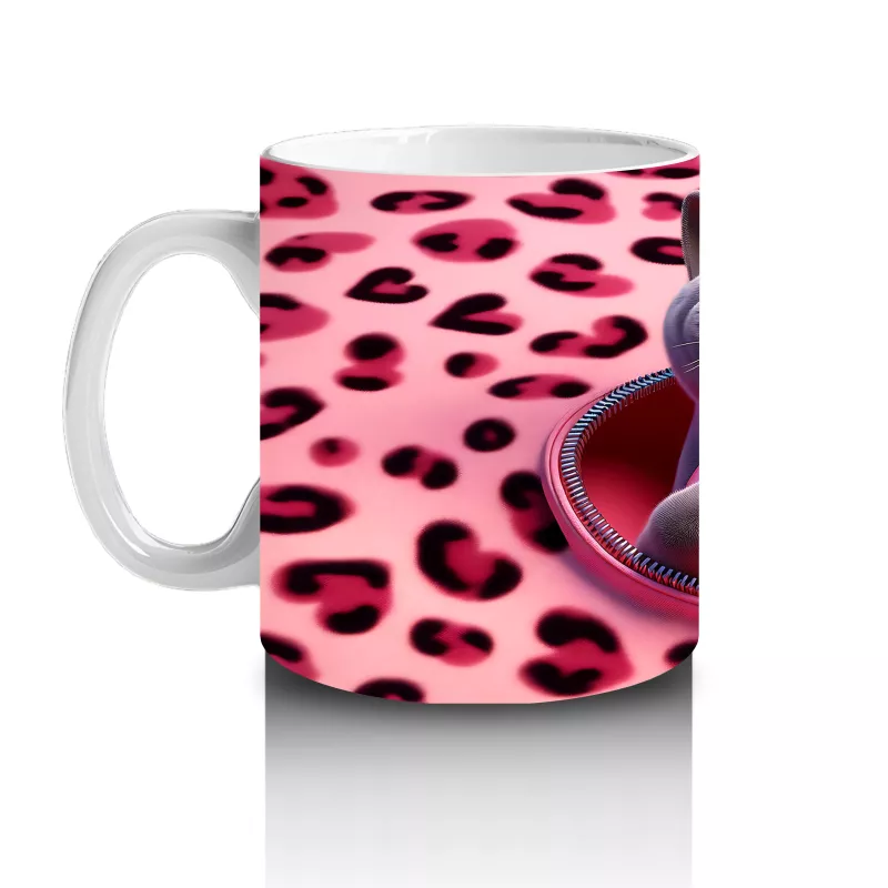 Pembe Leopar Desenli Fon Üzerinde Kalpli Kedi – Baskılı Kahve Kupası - 2