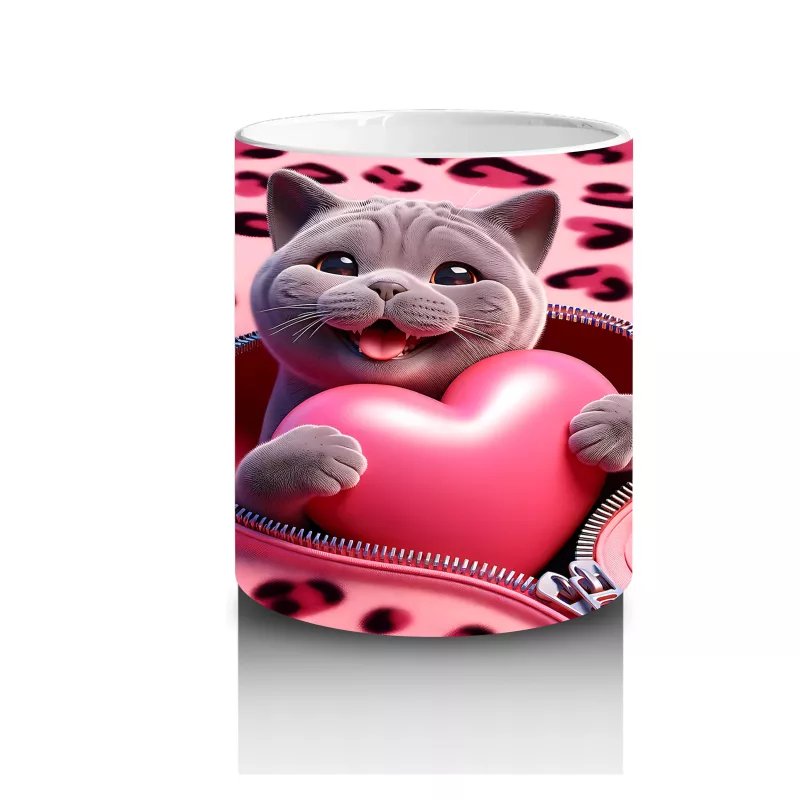 Pembe Leopar Desenli Fon Üzerinde Kalpli Kedi – Baskılı Kahve Kupası - 3