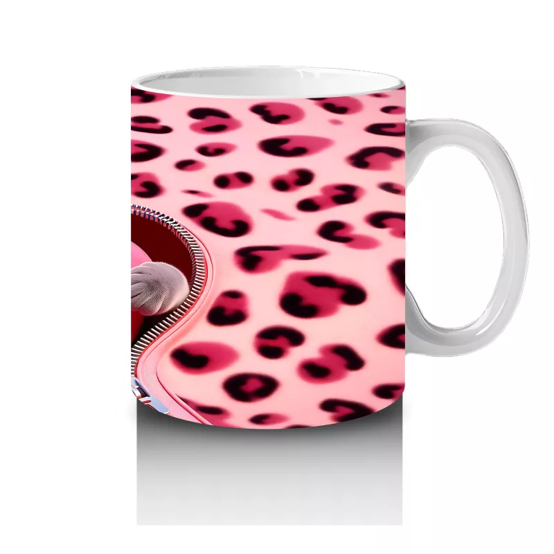 Pembe Leopar Desenli Fon Üzerinde Kalpli Kedi – Baskılı Kahve Kupası - 4