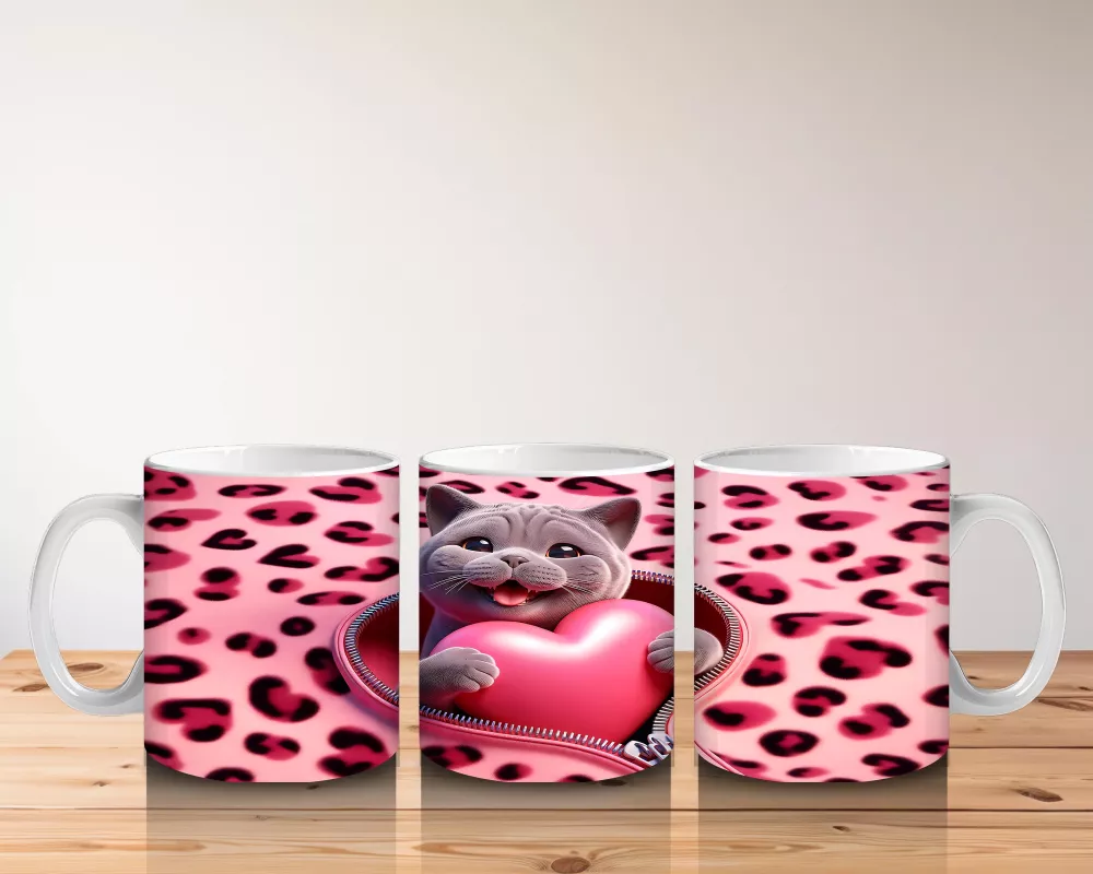 Pembe Leopar Desenli Fon Üzerinde Kalpli Kedi – Baskılı Kahve Kupası - 5