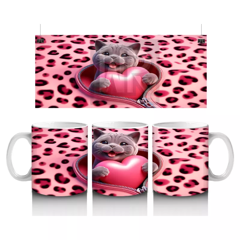 Pembe Leopar Desenli Fon Üzerinde Kalpli Kedi – Baskılı Kahve Kupası