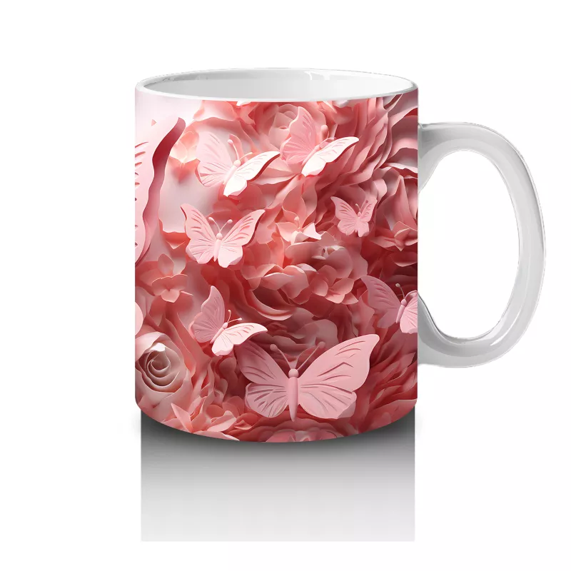 Pembe Renk Tonlarında Kelebekler – Baskılı Kahve Kupası - 4
