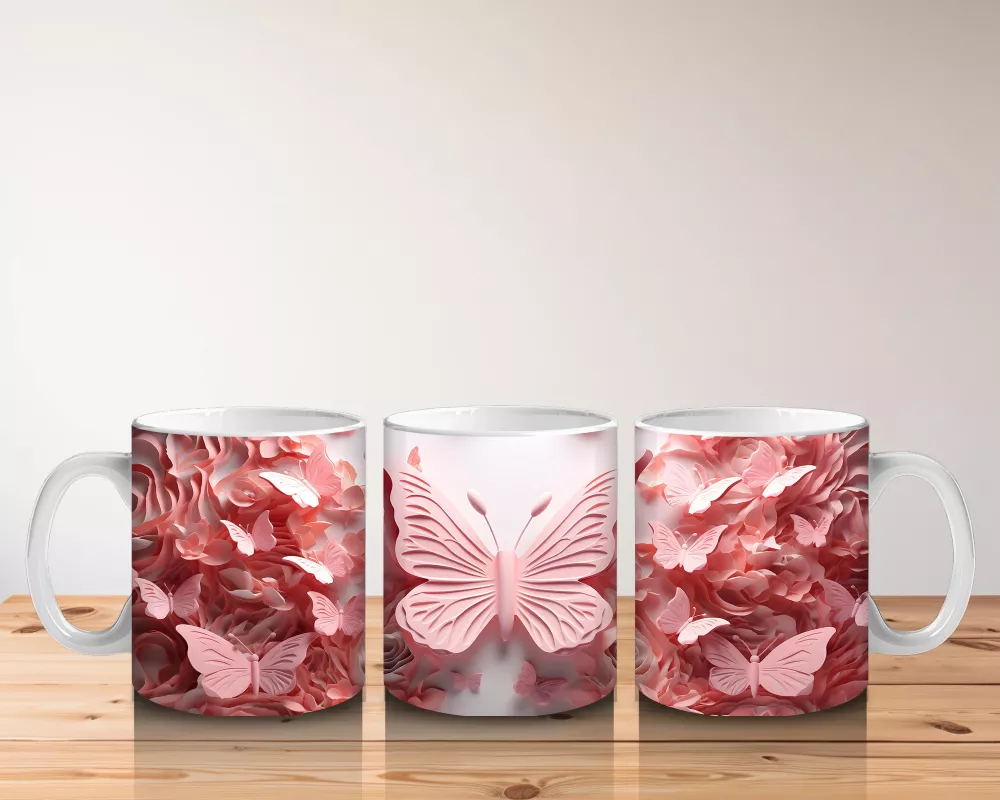 Pembe Renk Tonlarında Kelebekler – Baskılı Kahve Kupası - 5