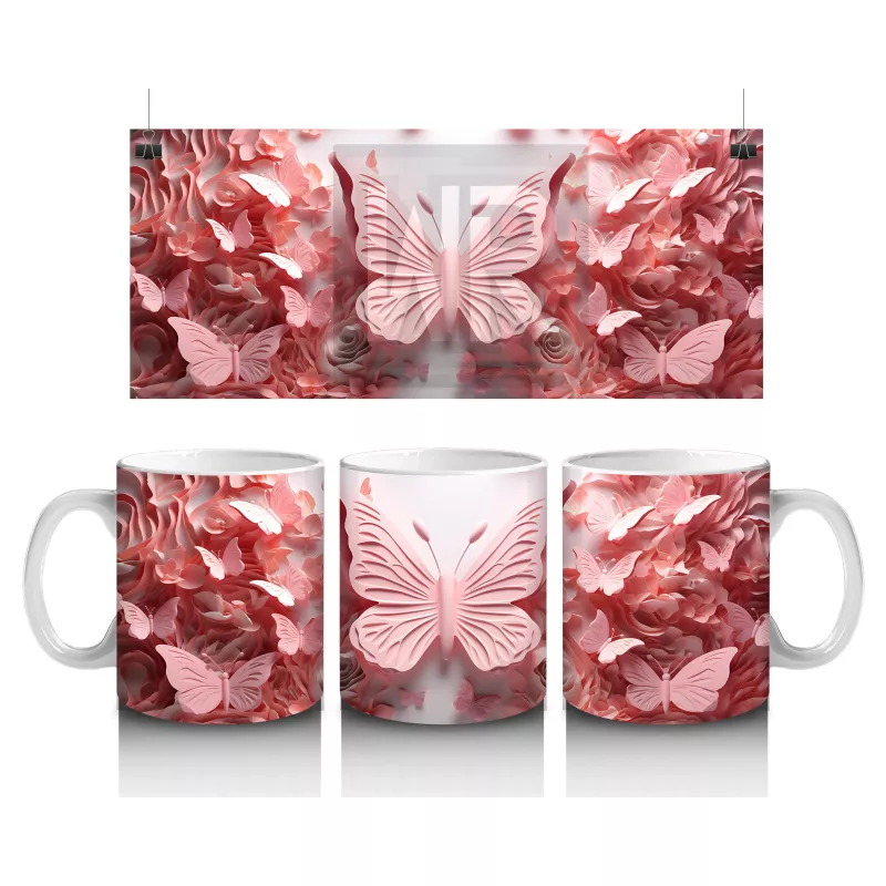 Pembe Renk Tonlarında Kelebekler – Baskılı Kahve Kupası