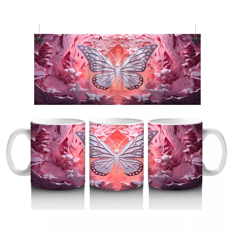 Pembe Rölyef Dokulu Parlayan Kelebek – Baskılı Kahve Kupası