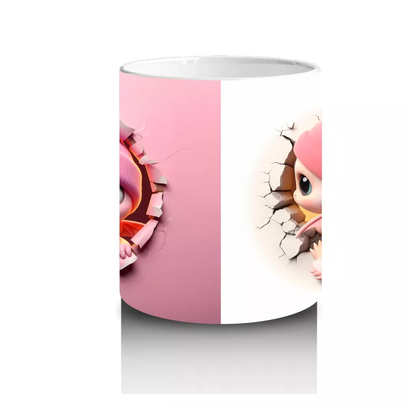 Pembe Şapkalı Sevimli Kız Maskot Çatlakta – Baskılı Kahve Kupası - 3