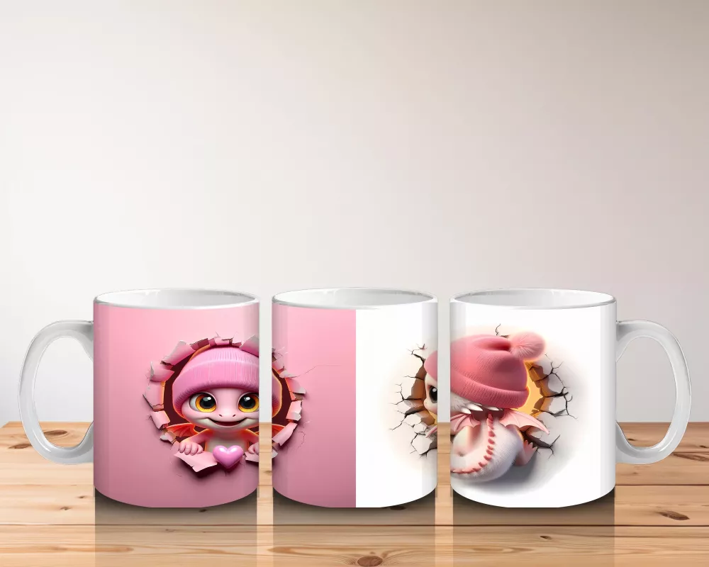 Pembe Şapkalı Sevimli Kız Maskot Çatlakta – Baskılı Kahve Kupası - 5