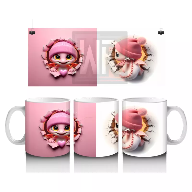 Pembe Şapkalı Sevimli Kız Maskot Çatlakta – Baskılı Kahve Kupası