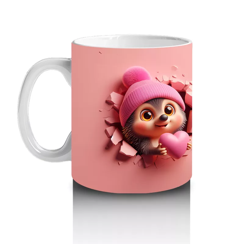 Pembe Şapkalı Sevimli Kız Maskot ve Kurdeleli Figür – Baskılı Kahve Kupası - 2