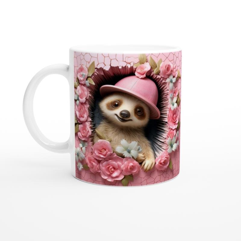 Pembe Şapkalı Tembel Hayvan Çiçekli Baskılı Kupa Bardak - 2