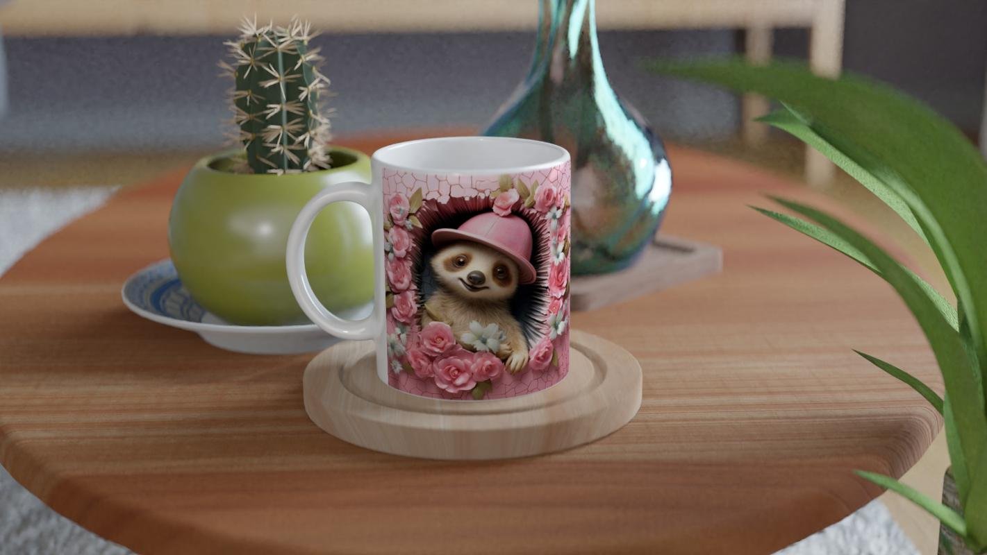 Pembe Şapkalı Tembel Hayvan Çiçekli Baskılı Kupa Bardak - 4