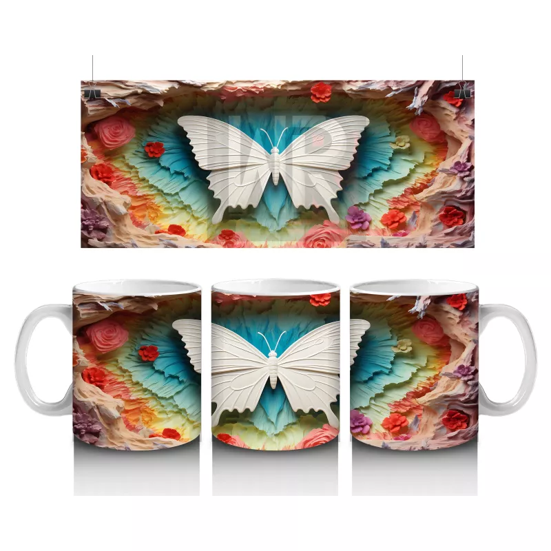 Pembe Tonlarda Kabartmalı Kelebek – Baskılı Kahve Kupası