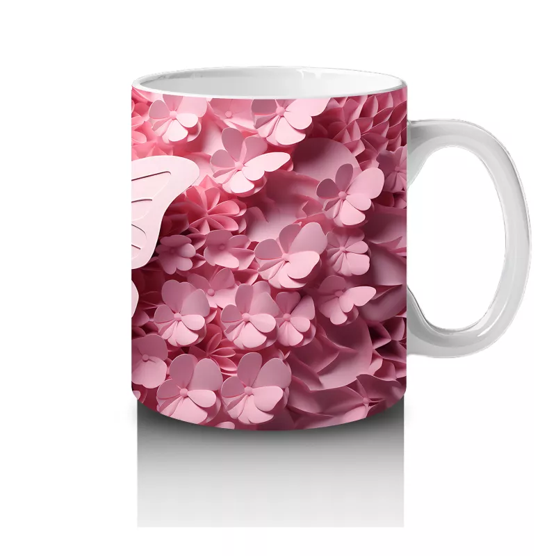 Pembe Tonlarda Rölyef Kelebek ve Çiçek Deseni – Baskılı Kahve Kupası - 4