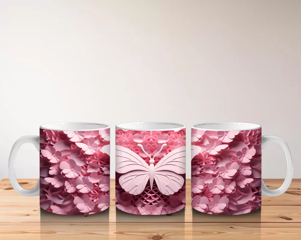 Pembe Tonlarda Rölyef Kelebek ve Çiçek Deseni – Baskılı Kahve Kupası - 5