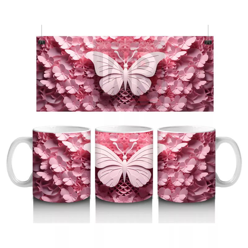 Pembe Tonlarda Rölyef Kelebek ve Çiçek Deseni – Baskılı Kahve Kupası