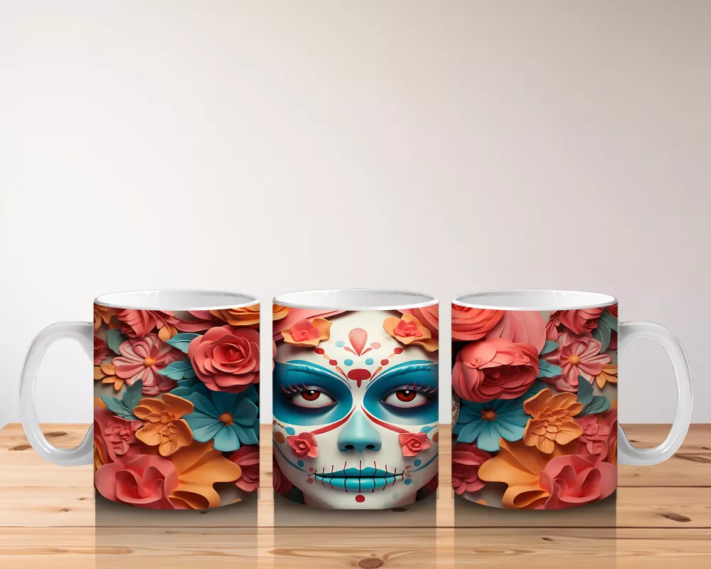 Pembe ve Sarı Çiçekler Arasında Buzlu Maske – Hediyelik Kahve Kupası - 5