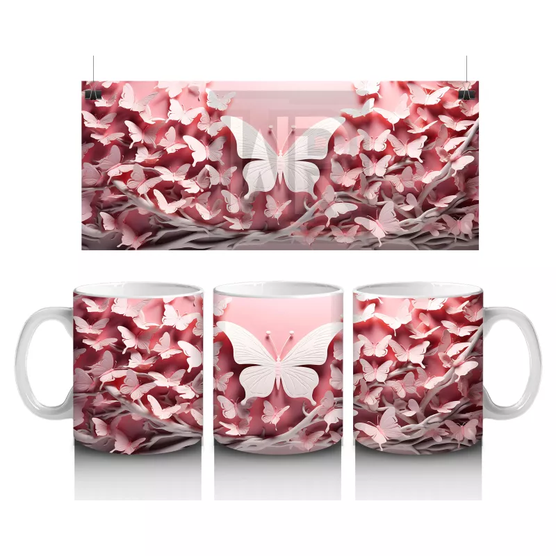 Pembe Yapraklar Arasında Beyaz Kelebek – Baskılı Kahve Kupası