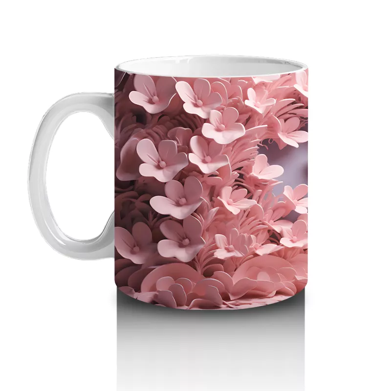 Pembe Yapraklar Arasında Uçuşan Kelebek – Baskılı Kahve Kupası - 2