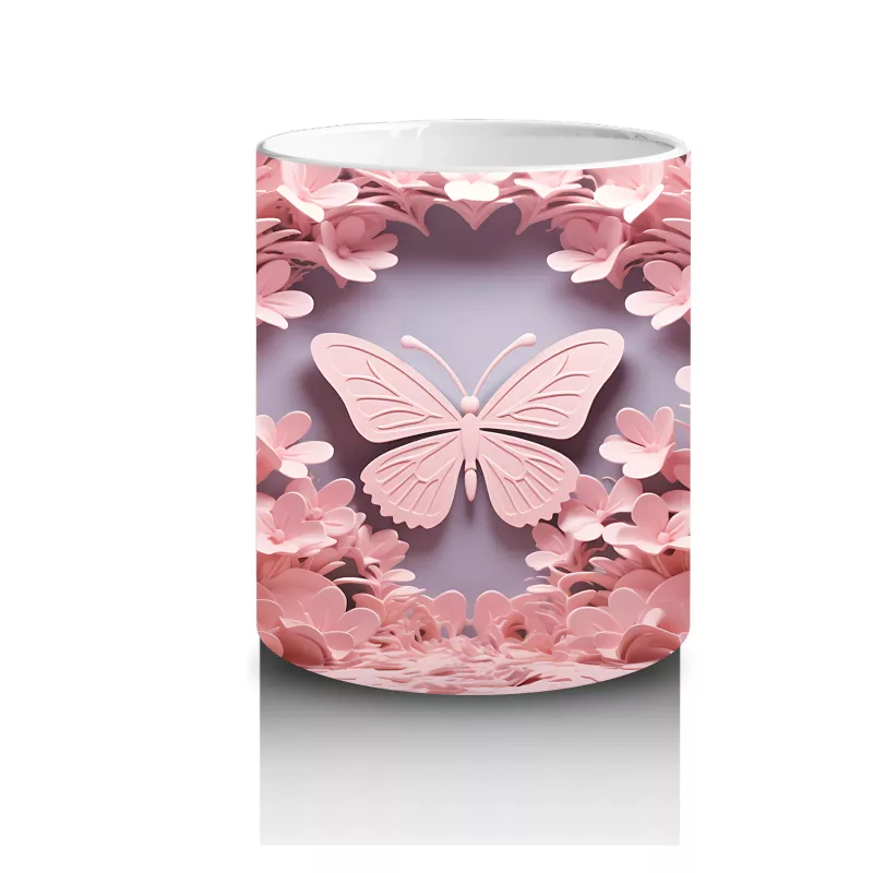 Pembe Yapraklar Arasında Uçuşan Kelebek – Baskılı Kahve Kupası - 3