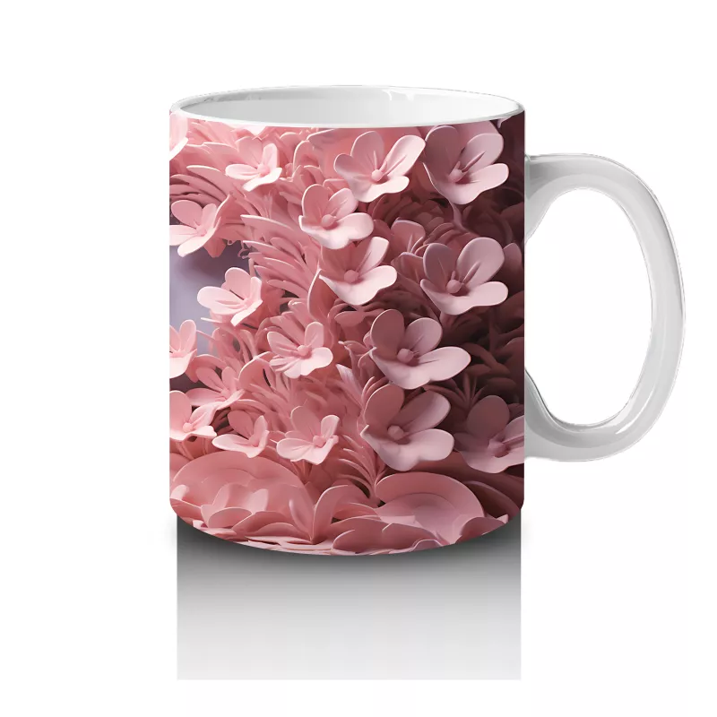 Pembe Yapraklar Arasında Uçuşan Kelebek – Baskılı Kahve Kupası - 4