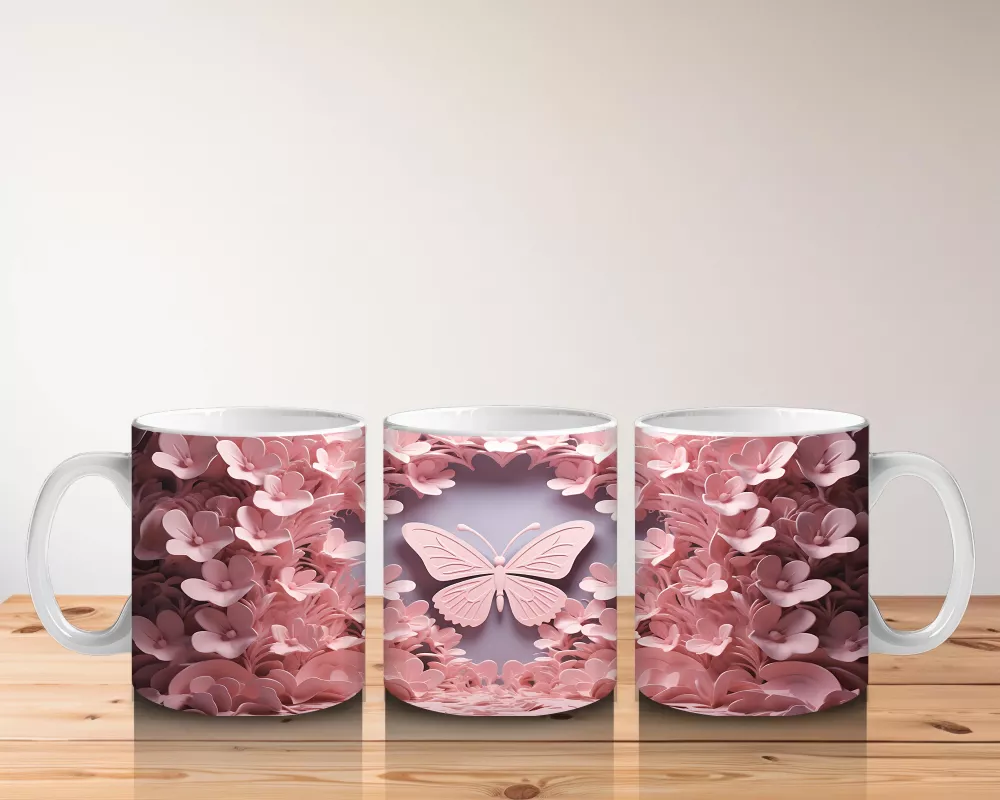 Pembe Yapraklar Arasında Uçuşan Kelebek – Baskılı Kahve Kupası - 5