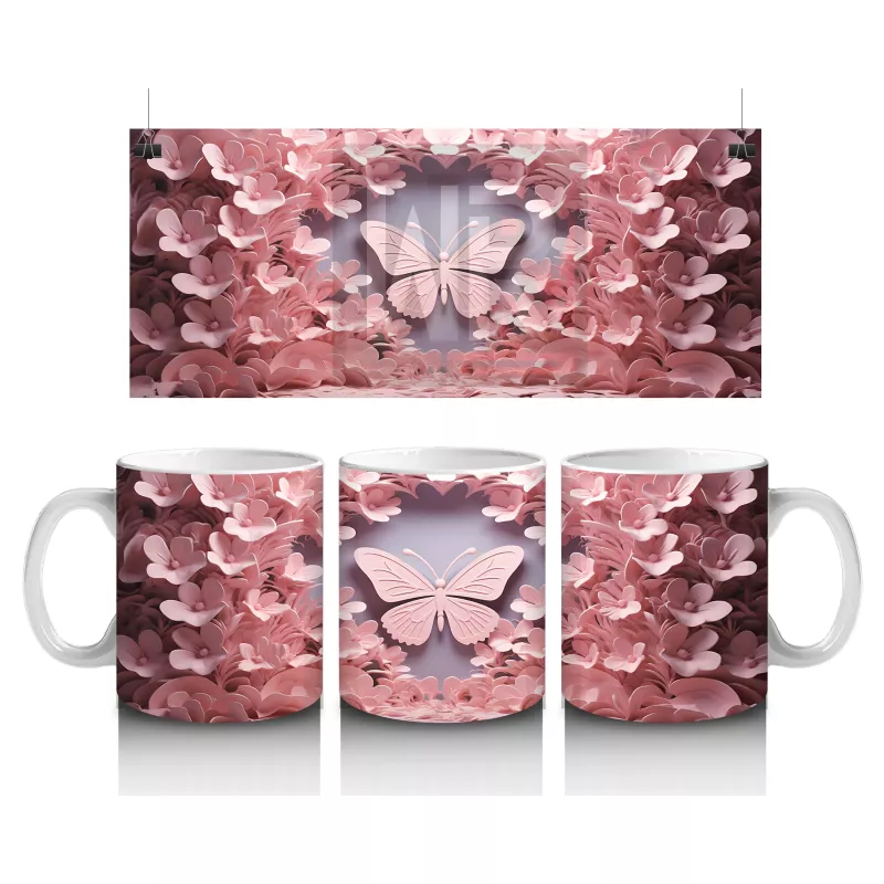 Pembe Yapraklar Arasında Uçuşan Kelebek – Baskılı Kahve Kupası